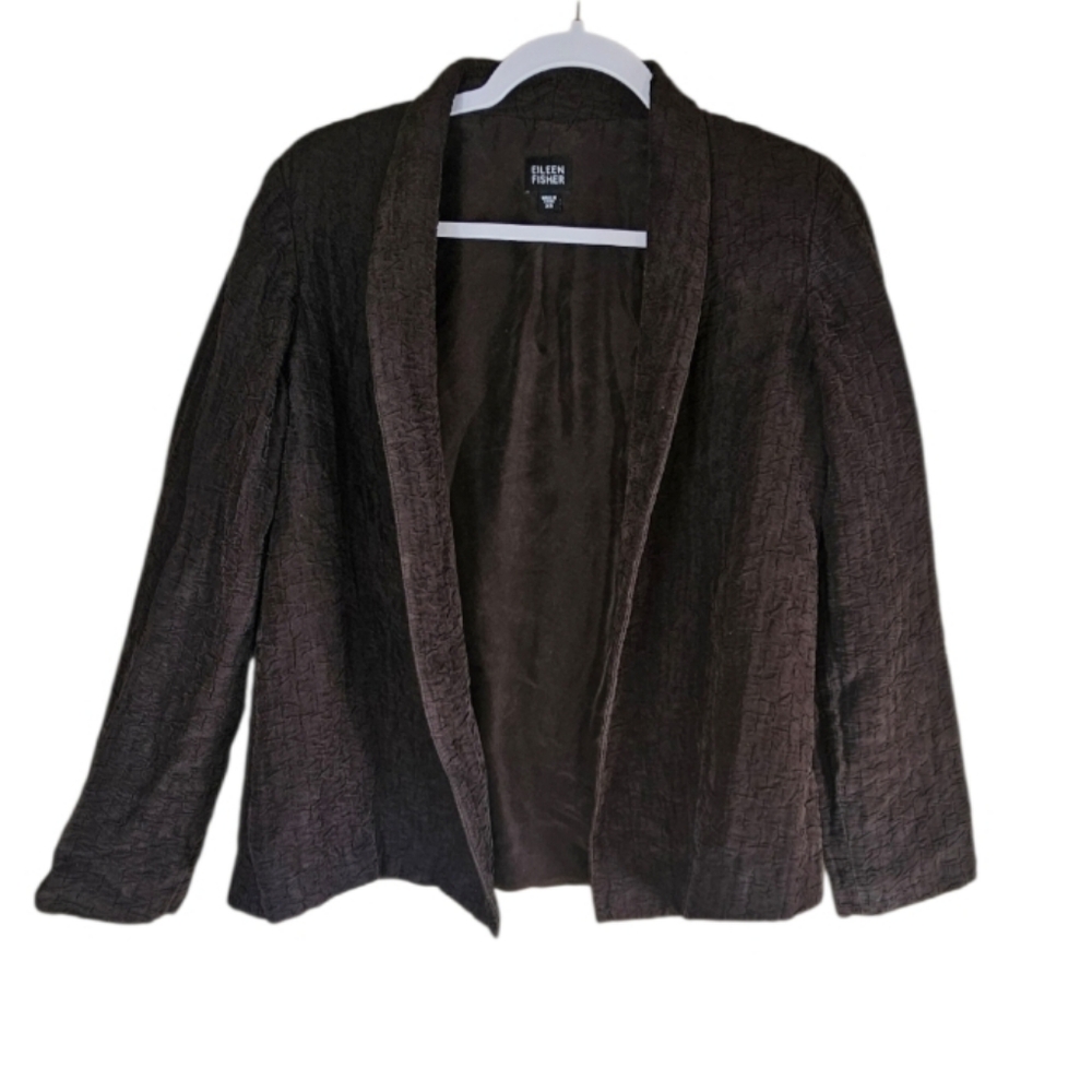 Eileen Fisher Silk & Linen Brown Crinkle Open Front Jacket